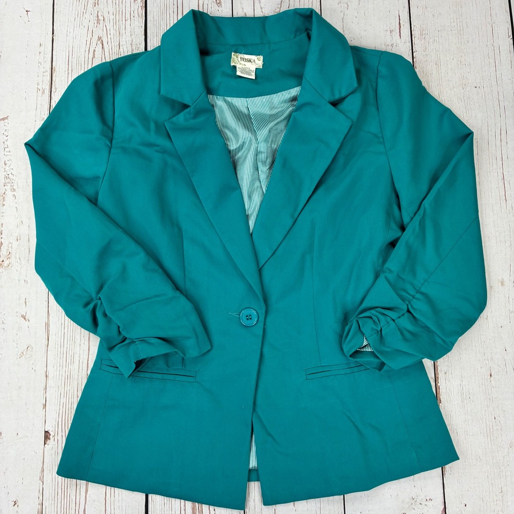Toska Teal Green Ruched 3/4 Sleeve Single Button Blazer IGJ-936-2 Small